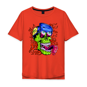 Мужская футболка хлопок Oversize с принтом Cool skull в Белгороде, 100% хлопок | свободный крой, круглый ворот, “спинка” длиннее передней части | eyes | fire | flame | grin | jaw | skull | teeth | tongue | глаза | зубы | огонь | оскал | пасть | пламя | череп | язык