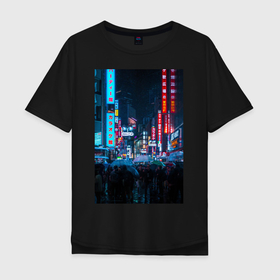Мужская футболка хлопок Oversize с принтом Japan aeshetic в Белгороде, 100% хлопок | свободный крой, круглый ворот, “спинка” длиннее передней части | aesthetic | japan | город | неон | толпа | эстетика | япония