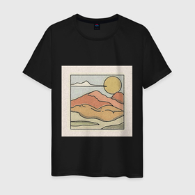 Мужская футболка хлопок с принтом Пейзаж в Курске, 100% хлопок | прямой крой, круглый вырез горловины, длина до линии бедер, слегка спущенное плечо. | Тематика изображения на принте: абстракция | закат | минимализм | пейзаж | ретро