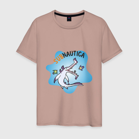 Мужская футболка хлопок с принтом Sabnautica в Новосибирске, 100% хлопок | прямой крой, круглый вырез горловины, длина до линии бедер, слегка спущенное плечо. | Тематика изображения на принте: sabnautica | акула | море | рыба | рыбы | сабнавтика