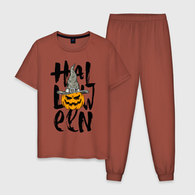Мужская пижама хлопок с принтом Halloween в Новосибирске, 100% хлопок | брюки и футболка прямого кроя, без карманов, на брюках мягкая резинка на поясе и по низу штанин
 | eyes | halloween | hat | jaw | pumpkin | smile | глаза | пасть | тыква | улыбка | хэллоуин | шляпа