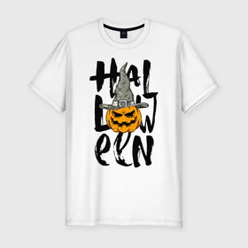 Мужская футболка хлопок Slim с принтом Halloween в Курске, 92% хлопок, 8% лайкра | приталенный силуэт, круглый вырез ворота, длина до линии бедра, короткий рукав | eyes | halloween | hat | jaw | pumpkin | smile | глаза | пасть | тыква | улыбка | хэллоуин | шляпа