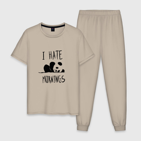 Мужская пижама хлопок с принтом Ненавижу утро в Кировске, 100% хлопок | брюки и футболка прямого кроя, без карманов, на брюках мягкая резинка на поясе и по низу штанин
 | Тематика изображения на принте: i hate | morning | mornings | panda | pandas | sleep | sleeping | забавная | люблю спать | маленькая | милая | настроение | не высыпаюсь | не люблю | ненавижу | отдых | панда | пандочка | панды | рисунок | смешная | спит | спящая