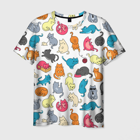 Мужская футболка 3D с принтом Кошачья стая , 100% полиэфир | прямой крой, круглый вырез горловины, длина до линии бедер | арт | белый | желтый | кот | коты | кошка | кошки | красный | рисунок | розовый | рыжий | серый | синий | цветные коты | цветные кошки | черный