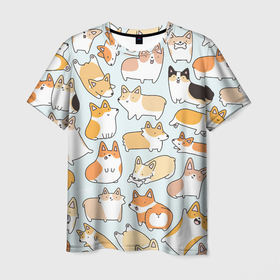 Мужская футболка 3D с принтом Стая корги в Екатеринбурге, 100% полиэфир | прямой крой, круглый вырез горловины, длина до линии бедер | Тематика изображения на принте: арт | белый | корги | кремовый | много собак | рисунок | рыжий | собака | собаки