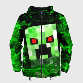 Мужская ветровка 3D с принтом MINECRAFT CREEPER в городе Новоалтайск, 100% полиэстер | подол и капюшон оформлены резинкой с фиксаторами, два кармана без застежек по бокам, один потайной карман на груди | creeper | game | minecraft | блоки | игра | квадраты | компьютерная | крипер | криппер | майнкрафт | огонь