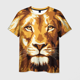 Мужская футболка 3D с принтом Взгляд льва в Екатеринбурге, 100% полиэфир | прямой крой, круглый вырез горловины, длина до линии бедер | арт | грива | деко | жедтая | животные | закат | зверей | золото | кошка | лев | лето | львенок | неоновая | очки | пляж | прайд | разноцветная | солнце | тигр | узоры | царь | яркие