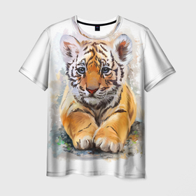 Мужская футболка 3D с принтом Tiger Art в Тюмени, 100% полиэфир | прямой крой, круглый вырез горловины, длина до линии бедер | art | blue | dinamic picture | lion | tiger | white | арт | животные | картинка | лев | рисунок | тигр