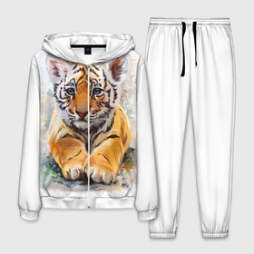 Мужской костюм 3D с принтом Tiger Art , 100% полиэстер | Манжеты и пояс оформлены тканевой резинкой, двухслойный капюшон со шнурком для регулировки, карманы спереди | Тематика изображения на принте: art | blue | dinamic picture | lion | tiger | white | арт | животные | картинка | лев | рисунок | тигр