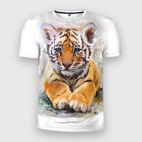 Мужская футболка 3D Slim с принтом Tiger Art , 100% полиэстер с улучшенными характеристиками | приталенный силуэт, круглая горловина, широкие плечи, сужается к линии бедра | art | blue | dinamic picture | lion | tiger | white | арт | животные | картинка | лев | рисунок | тигр