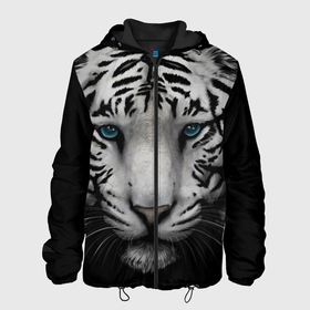 Мужская куртка 3D с принтом Белый Тигр в Новосибирске, ткань верха — 100% полиэстер, подклад — флис | прямой крой, подол и капюшон оформлены резинкой с фиксаторами, два кармана без застежек по бокам, один большой потайной карман на груди. Карман на груди застегивается на липучку | tiger | животное | тигр | тигрица | чернобелый