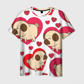 Мужская футболка 3D с принтом Мопсики , 100% полиэфир | прямой крой, круглый вырез горловины, длина до линии бедер | арт | любовь | мопс | мопсики | рисунок | сердца | сердце | собака | собаки | собачки