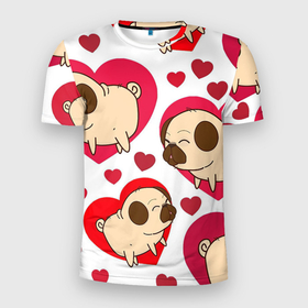 Мужская футболка 3D спортивная с принтом Мопсики в Тюмени, 100% полиэстер с улучшенными характеристиками | приталенный силуэт, круглая горловина, широкие плечи, сужается к линии бедра | арт | любовь | мопс | мопсики | рисунок | сердца | сердце | собака | собаки | собачки