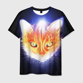 Мужская футболка 3D с принтом Сеяющий кот в Санкт-Петербурге, 100% полиэфир | прямой крой, круглый вырез горловины, длина до линии бедер | Тематика изображения на принте: звёзды | кот | сеяние | чёрный фон