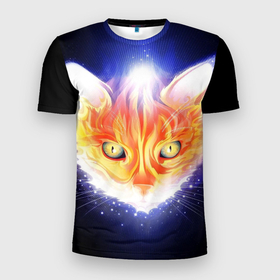 Мужская футболка 3D Slim с принтом Сеяющий кот в Кировске, 100% полиэстер с улучшенными характеристиками | приталенный силуэт, круглая горловина, широкие плечи, сужается к линии бедра | звёзды | кот | сеяние | чёрный фон