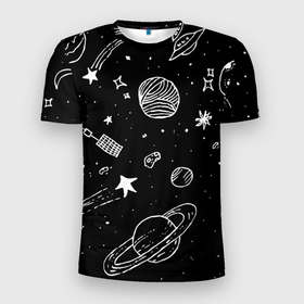 Мужская футболка 3D Slim с принтом Cosmos в Белгороде, 100% полиэстер с улучшенными характеристиками | приталенный силуэт, круглая горловина, широкие плечи, сужается к линии бедра | Тематика изображения на принте: comet | cosmos | moon | planet | satellite | saturn | space | star | weightlessness | звезда | комета | космос | луна | невесомость | планета | сатурн | спутник