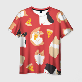 Мужская футболка 3D с принтом Корги и пицца , 100% полиэфир | прямой крой, круглый вырез горловины, длина до линии бедер | Тематика изображения на принте: арт | валяния | игра | корги | пицца | рисунок | рыжий | собака | собаки | спина | чёрный