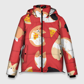 Мужская зимняя куртка 3D с принтом Корги и пицца в Санкт-Петербурге, верх — 100% полиэстер; подкладка — 100% полиэстер; утеплитель — 100% полиэстер | длина ниже бедра, свободный силуэт Оверсайз. Есть воротник-стойка, отстегивающийся капюшон и ветрозащитная планка. 

Боковые карманы с листочкой на кнопках и внутренний карман на молнии. | арт | валяния | игра | корги | пицца | рисунок | рыжий | собака | собаки | спина | чёрный