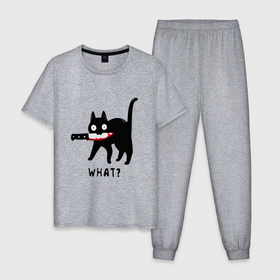 Мужская пижама хлопок с принтом WHAT & CAT в Новосибирске, 100% хлопок | брюки и футболка прямого кроя, без карманов, на брюках мягкая резинка на поясе и по низу штанин
 | art | black | black cat | cat | dark | dark cat | what | what cat | what mem | арт | вопрос | интернет мем | кот | кот арт | кот мем | кошачье лицо | кошачья мордочка | мем | нож | прикол | прикольный кот | убица | чёрный | чёрный кот