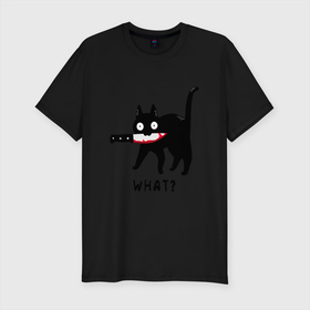Мужская футболка хлопок Slim с принтом WHAT & CAT , 92% хлопок, 8% лайкра | приталенный силуэт, круглый вырез ворота, длина до линии бедра, короткий рукав | art | black | black cat | cat | dark | dark cat | what | what cat | what mem | арт | вопрос | интернет мем | кот | кот арт | кот мем | кошачье лицо | кошачья мордочка | мем | нож | прикол | прикольный кот | убица | чёрный | чёрный кот