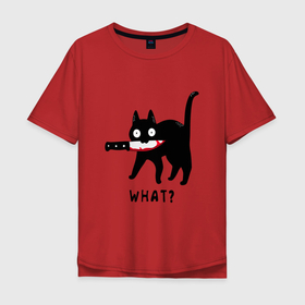 Мужская футболка хлопок Oversize с принтом WHAT & CAT в Новосибирске, 100% хлопок | свободный крой, круглый ворот, “спинка” длиннее передней части | art | black | black cat | cat | dark | dark cat | what | what cat | what mem | арт | вопрос | интернет мем | кот | кот арт | кот мем | кошачье лицо | кошачья мордочка | мем | нож | прикол | прикольный кот | убица | чёрный | чёрный кот