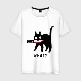 Мужская футболка хлопок с принтом WHAT & CAT в Курске, 100% хлопок | прямой крой, круглый вырез горловины, длина до линии бедер, слегка спущенное плечо. | art | black | black cat | cat | dark | dark cat | what | what cat | what mem | арт | вопрос | интернет мем | кот | кот арт | кот мем | кошачье лицо | кошачья мордочка | мем | нож | прикол | прикольный кот | убица | чёрный | чёрный кот