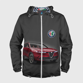 Мужская ветровка 3D с принтом Alfa Romeo в Тюмени, 100% полиэстер | подол и капюшон оформлены резинкой с фиксаторами, два кармана без застежек по бокам, один потайной карман на груди | Тематика изображения на принте: alfa romeo | car | italy | prestige | автомобиль | альфа ромео | италия | престиж