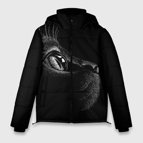 Мужская зимняя куртка 3D с принтом Черный кот в Тюмени, верх — 100% полиэстер; подкладка — 100% полиэстер; утеплитель — 100% полиэстер | длина ниже бедра, свободный силуэт Оверсайз. Есть воротник-стойка, отстегивающийся капюшон и ветрозащитная планка. 

Боковые карманы с листочкой на кнопках и внутренний карман на молнии. | Тематика изображения на принте: black | cat | eyes | kitten | kitty | pussy | pussycat | взгляд | глаз | глаза | кот | кота | котенок | коты | котят | котята | котячьи | кошачьи | кошка | кошки | мордочка | нос | носик | с котом | усатый | усики | усища | усищи | че