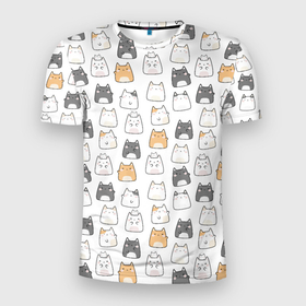 Мужская футболка 3D Slim с принтом Толстые котики в Тюмени, 100% полиэстер с улучшенными характеристиками | приталенный силуэт, круглая горловина, широкие плечи, сужается к линии бедра | cute | japan | japanese | k pop | kawaii | korea | korean | детские | забавные | к поп | кавайные | кей поп | корейские | котики | коты | котята | котятки | кошки | милые | прикольные | пухленькие | пухлые | смешные | счастливые