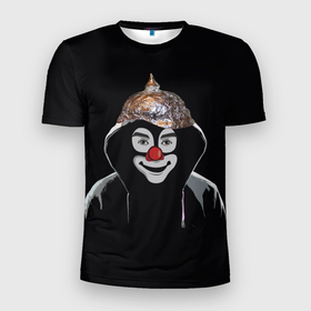 Мужская футболка 3D спортивная с принтом Клоун в шапочке в Новосибирске, 100% полиэстер с улучшенными характеристиками | приталенный силуэт, круглая горловина, широкие плечи, сужается к линии бедра | Тематика изображения на принте: 5g вышки | клоун | связь | фобия | фольга
