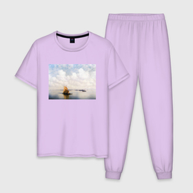 Мужская пижама хлопок с принтом картина Айвазовского в Новосибирске, 100% хлопок | брюки и футболка прямого кроя, без карманов, на брюках мягкая резинка на поясе и по низу штанин
 | Тематика изображения на принте: айвазовский | корабль | море | облака | рисунок