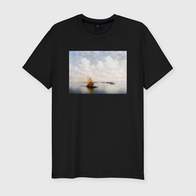 Мужская футболка хлопок Slim с принтом картина Айвазовского , 92% хлопок, 8% лайкра | приталенный силуэт, круглый вырез ворота, длина до линии бедра, короткий рукав | Тематика изображения на принте: айвазовский | корабль | море | облака | рисунок