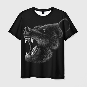 Мужская футболка 3D с принтом Черный медведь , 100% полиэфир | прямой крой, круглый вырез горловины, длина до линии бедер | art | bear | bears | drawing | russian | siberia | siberian | арт | белый | бурый | злой | зубы | косолапый | медведь | мелками | мелком | мелом | мех | миша | мишка | нарисованный | пасть | потапыч | рисунок | русский | рык | рычит