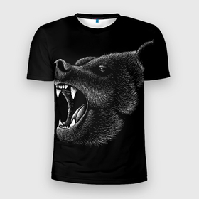 Мужская футболка 3D Slim с принтом Черный медведь в Петрозаводске, 100% полиэстер с улучшенными характеристиками | приталенный силуэт, круглая горловина, широкие плечи, сужается к линии бедра | Тематика изображения на принте: art | bear | bears | drawing | russian | siberia | siberian | арт | белый | бурый | злой | зубы | косолапый | медведь | мелками | мелком | мелом | мех | миша | мишка | нарисованный | пасть | потапыч | рисунок | русский | рык | рычит