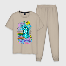 Мужская пижама хлопок с принтом New York Статуя Свободы , 100% хлопок | брюки и футболка прямого кроя, без карманов, на брюках мягкая резинка на поясе и по низу штанин
 | bronx | brooklyn | city | liberty | manhattan | new york | queens | retro | staten island | usa | vintage | бронкс | бруклин | винтаж | квинс | мантэттен | манхеттен | манхэттэн | нью джерси | нью йорк | ретро | статуя свободы | стейтен айленд | 