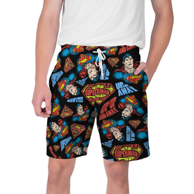 Мужские шорты 3D с принтом Up up and away в Новосибирске,  полиэстер 100% | прямой крой, два кармана без застежек по бокам. Мягкая трикотажная резинка на поясе, внутри которой широкие завязки. Длина чуть выше колен | Тематика изображения на принте: man | steel | superman | vdzajul | супермен | супермэн