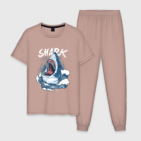 Мужская пижама хлопок с принтом Злая акула , 100% хлопок | брюки и футболка прямого кроя, без карманов, на брюках мягкая резинка на поясе и по низу штанин
 | Тематика изображения на принте: angry | big | evil | jaws | predator | scary | shark | storm | wave | waves | white | акула | акулы | белая | большая | волна | волны | выпрыгивает | злая | зубы | из воды | море | океан | охотник | пасть | плотоядная | рот | страшная | хищни