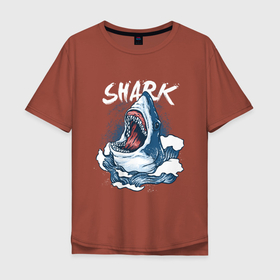 Мужская футболка хлопок Oversize с принтом Злая акула в Курске, 100% хлопок | свободный крой, круглый ворот, “спинка” длиннее передней части | Тематика изображения на принте: angry | big | evil | jaws | predator | scary | shark | storm | wave | waves | white | акула | акулы | белая | большая | волна | волны | выпрыгивает | злая | зубы | из воды | море | океан | охотник | пасть | плотоядная | рот | страшная | хищни