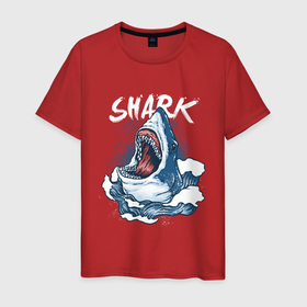 Мужская футболка хлопок с принтом Злая акула в Тюмени, 100% хлопок | прямой крой, круглый вырез горловины, длина до линии бедер, слегка спущенное плечо. | Тематика изображения на принте: angry | big | evil | jaws | predator | scary | shark | storm | wave | waves | white | акула | акулы | белая | большая | волна | волны | выпрыгивает | злая | зубы | из воды | море | океан | охотник | пасть | плотоядная | рот | страшная | хищни
