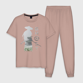Мужская пижама хлопок с принтом TRDGhoTsuhim в Тюмени, 100% хлопок | брюки и футболка прямого кроя, без карманов, на брюках мягкая резинка на поясе и по низу штанин
 | Тематика изображения на принте: катана | отвага | призрак | самурай | честь
