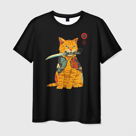 Мужская футболка 3D с принтом Котик в Тюмени, 100% полиэфир | прямой крой, круглый вырез горловины, длина до линии бедер | животное | зверь | катана | кот | котейка | котик | котэ | лайки | лапка | мем | мемы | милый кот | мяу | неон | нож | отпечаток | след