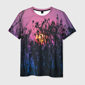 Мужская футболка 3D с принтом Трава растения закатный свет в Курске, 100% полиэфир | прямой крой, круглый вырез горловины, длина до линии бедер | Тематика изображения на принте: вечер | закат | мило | небо | поле | рассвет | растения | свет | сумерки | сухоцвет