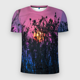 Мужская футболка 3D спортивная с принтом Трава растения закатный свет в Курске, 100% полиэстер с улучшенными характеристиками | приталенный силуэт, круглая горловина, широкие плечи, сужается к линии бедра | вечер | закат | мило | небо | поле | рассвет | растения | свет | сумерки | сухоцвет