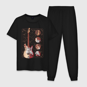 Мужская пижама хлопок с принтом Fender Stratocaster Monterey  в Екатеринбурге, 100% хлопок | брюки и футболка прямого кроя, без карманов, на брюках мягкая резинка на поясе и по низу штанин
 | guitar | hendrix | jimmy | metal | metall | monterey | rock | usa | америка | гитара | гитарист | джимми | красивая | легенда | метал | монтерей | музыка | музыкант | обладатель | рок н ролл | стратокастер | схема | сша | фендер