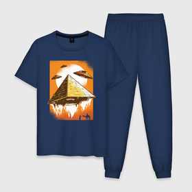 Мужская пижама хлопок с принтом Пирамиды и НЛО в Екатеринбурге, 100% хлопок | брюки и футболка прямого кроя, без карманов, на брюках мягкая резинка на поясе и по низу штанин
 | alien | aliens | pyramid | ufo | бедуин | верблюд | древняя | египет | инопланетяне | корабли | космические | летающая тарелка | летающие тарелки | марсиане | нло | пирамида | пирамиды | поставили | построили
