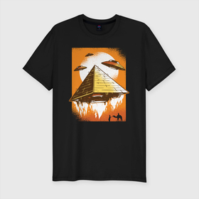 Мужская футболка премиум с принтом Пирамиды и НЛО , 92% хлопок, 8% лайкра | приталенный силуэт, круглый вырез ворота, длина до линии бедра, короткий рукав | alien | aliens | pyramid | ufo | бедуин | верблюд | древняя | египет | инопланетяне | корабли | космические | летающая тарелка | летающие тарелки | марсиане | нло | пирамида | пирамиды | поставили | построили