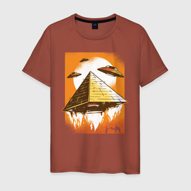 Мужская футболка хлопок с принтом Пирамиды и НЛО в Белгороде, 100% хлопок | прямой крой, круглый вырез горловины, длина до линии бедер, слегка спущенное плечо. | Тематика изображения на принте: alien | aliens | pyramid | ufo | бедуин | верблюд | древняя | египет | инопланетяне | корабли | космические | летающая тарелка | летающие тарелки | марсиане | нло | пирамида | пирамиды | поставили | построили
