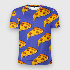 Мужская футболка 3D Slim с принтом Кусочки пиццы в Тюмени, 100% полиэстер с улучшенными характеристиками | приталенный силуэт, круглая горловина, широкие плечи, сужается к линии бедра | pizza | колбаски | кусочки пиццы | паперонни | пицца | сырная пицца