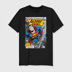 Мужская футболка премиум с принтом Action comics в Белгороде, 92% хлопок, 8% лайкра | приталенный силуэт, круглый вырез ворота, длина до линии бедра, короткий рукав | Тематика изображения на принте: man | steel | superman | vdzajul | супермен | супермэн