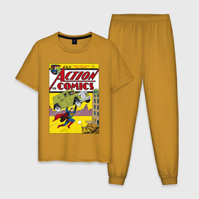 Мужская пижама хлопок с принтом Action comics в Тюмени, 100% хлопок | брюки и футболка прямого кроя, без карманов, на брюках мягкая резинка на поясе и по низу штанин
 | man | steel | superman | vdzajul | супермен | супермэн